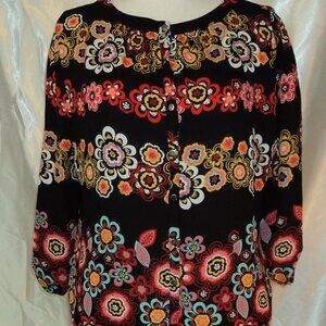 Women's Black with Multicolored Flower Patterned Top-Button Up
